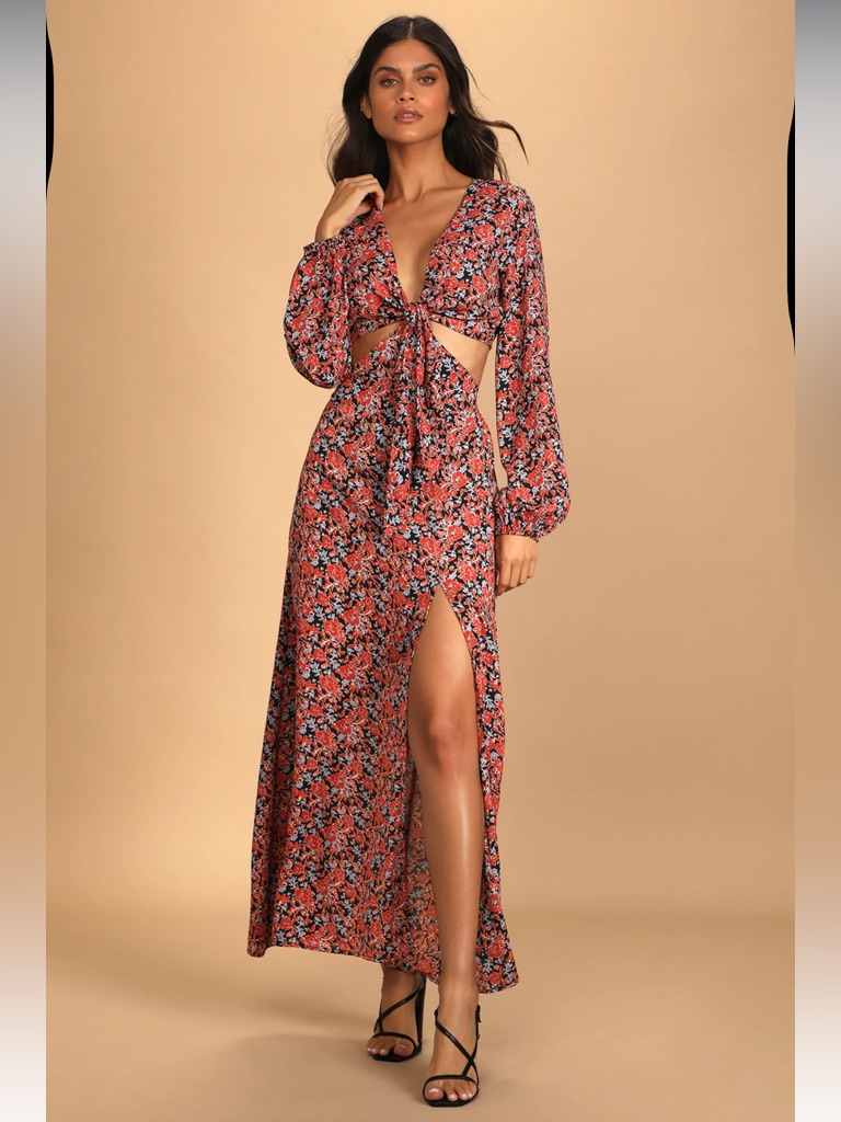 Vestique Floral Cutout Maxi Dress | Tie Front | Orange Black Boho | Size M